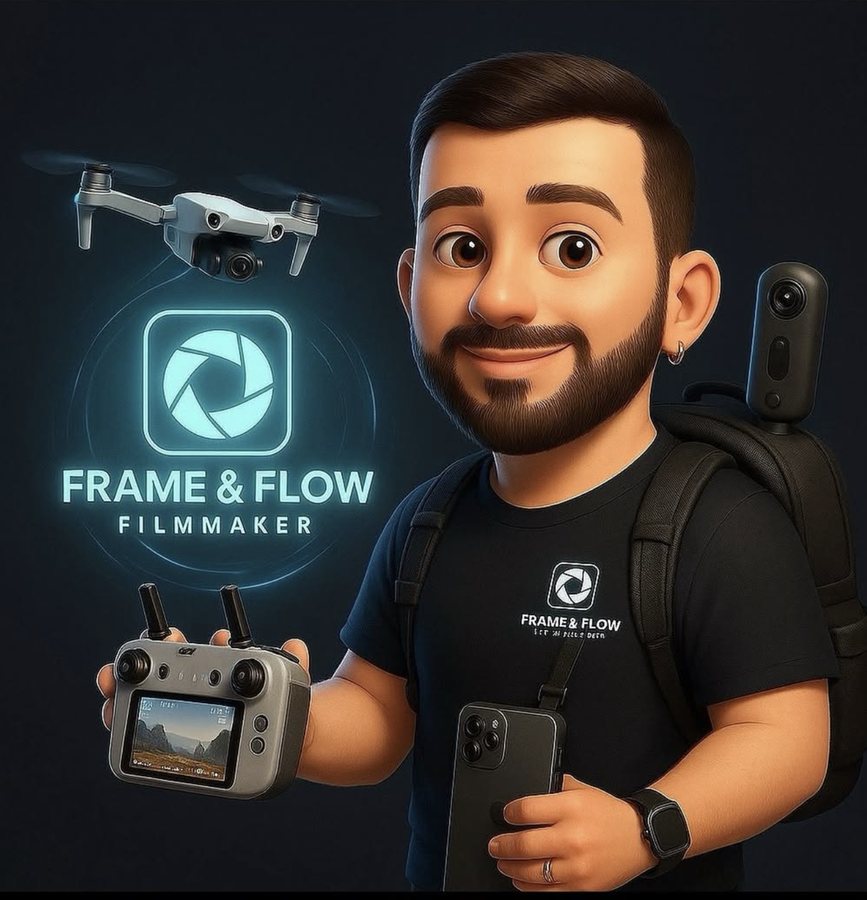 Avatar ilustrado do Patrique com drone, controle, iPhone e câmera 360 na mochila, ao lado da logo Frame & Flow